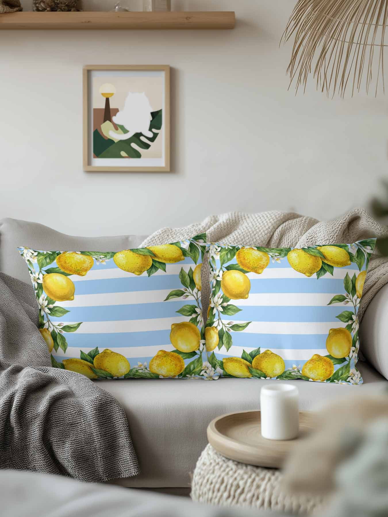 1 Pack Outdoor Pillows Waterproof, Summer Lemons Indoor/Outdoor Throw Pillows with Inserts, Fruits White Flowers Farm Blue White Stripes Decorative Pillow for Patio Furniture Chairs Couch
