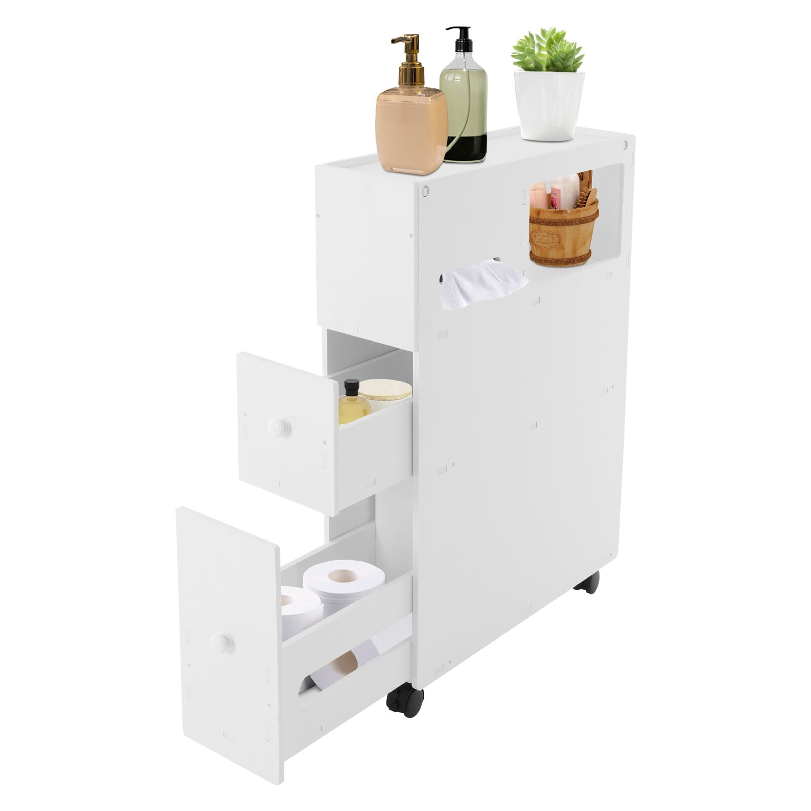 4 Tiers PVC Toilet White Narrow Cupboard Shelf White Slim Bathroom Storage Cabinet Floor Standing Bathroom Hallway Living Room