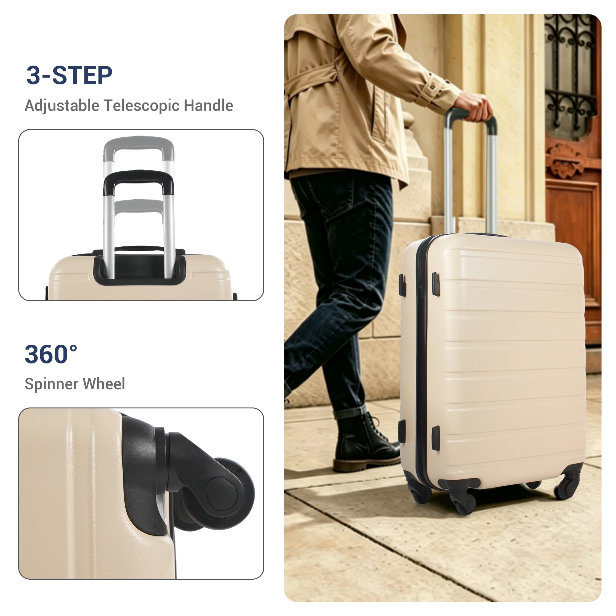 NiceTravel Luggage Set (20/24/28 inch),Hard-shell suitcase with Cup Holder(20"), Combination Locks & 360° Spinner Wheels, Beige