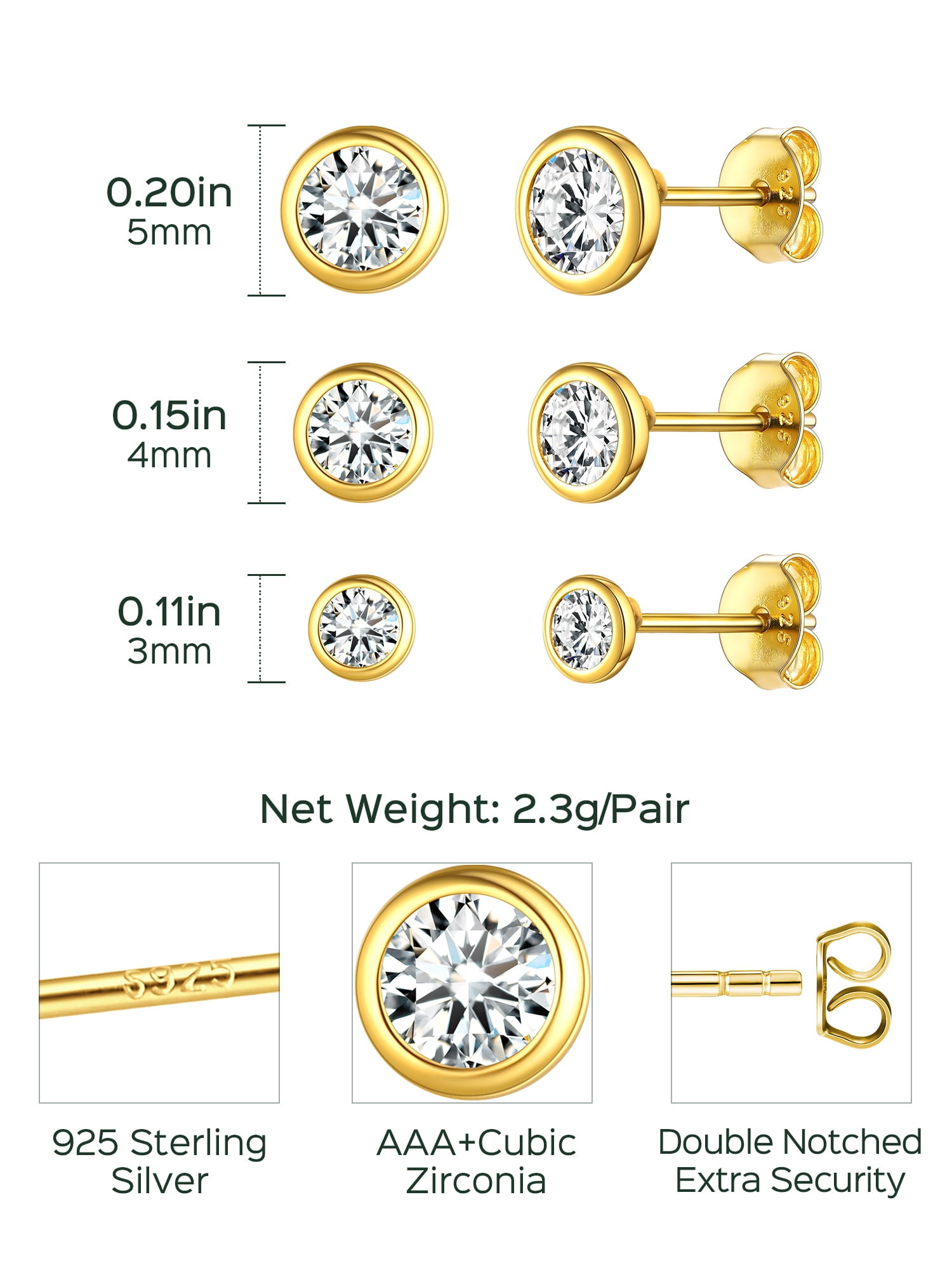 ChicSilver 3 Pairs Sterling Silver Stud Earrings for Women Men, 3/4/5MM Hypoallergenic Simulated Diamond Round Cubic Zirconia Ear Stud Set for Sensitive Ears, Gold