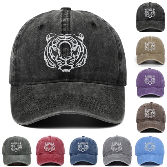 Distressed Washed Baseball Cap With Tiger Embroidery Unisex Vintage Sun Visor Dad Hat For Outdoor Casual