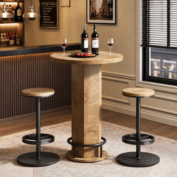 Fnova Small Round Bar Table with 2 Chairs, Industrial Counter Height Dining Table Pub Table, Brown