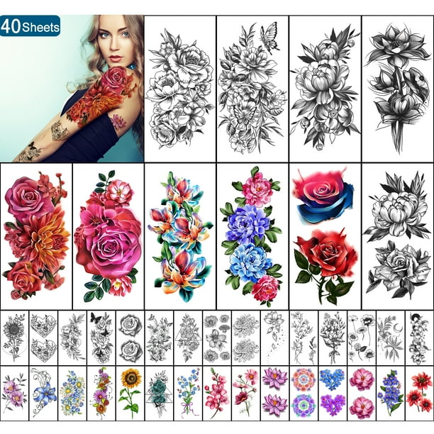 Yazhiji 40 Sheets Waterproof Temporary Tattoos Large Flowers Collection Lasting Fake Tattoo Stickers for Women or Girls Beauty Decoration
