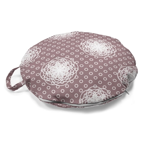 Abstract Round Floor Cushion with Handle, Concentric Circular Scribbles and Symmetrical Dots Illustration Print, Pillow for Living Room & Dorms, 18" Round, Mauve Taupe and White, by Ambesonne