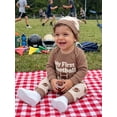 thumbnail image 5 of Loicainy Infant Baby Boy Fall Outfits 3 6 12 18 Months Football Letter Embroidered Long Sleeve Romper Pants and Knot Hat 3 Piece Clothes Set, 5 of 8