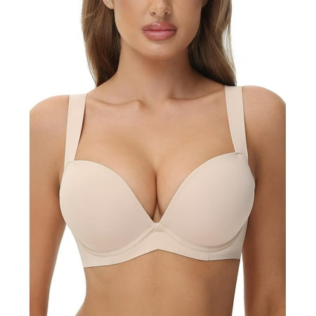 Push Up Thick Padded T Shirt Bra Underwire Support Plunge Everyday Bras for Women Add 2 Cup Nude 38E Q