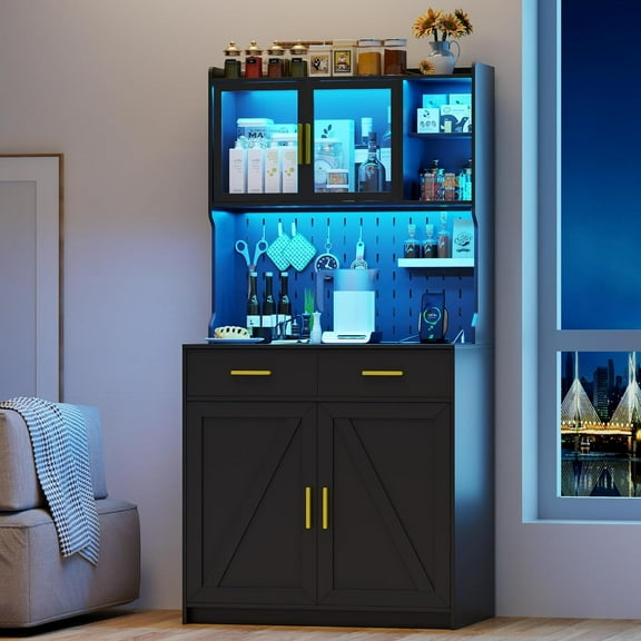 LED Kitchen Pantry Cabinet with Outlets, Farmhouse Storage Cabinet with Drawers & Adjustable Shelves, 64" Tall Cupboard with Pegboard & Hooks for Dining Room (Black)