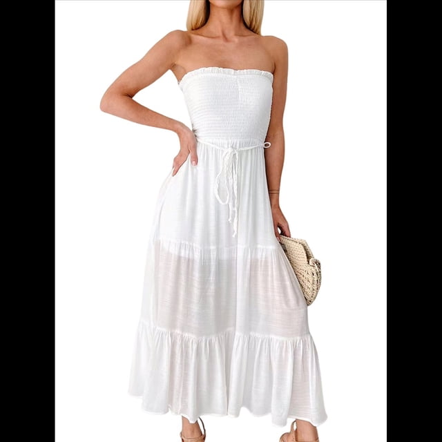Vestido de Verano para Mujer, Estilo Bohemio, Informal, con Espalda Descubierta, Bandeau, Volantes y , para Playa L
