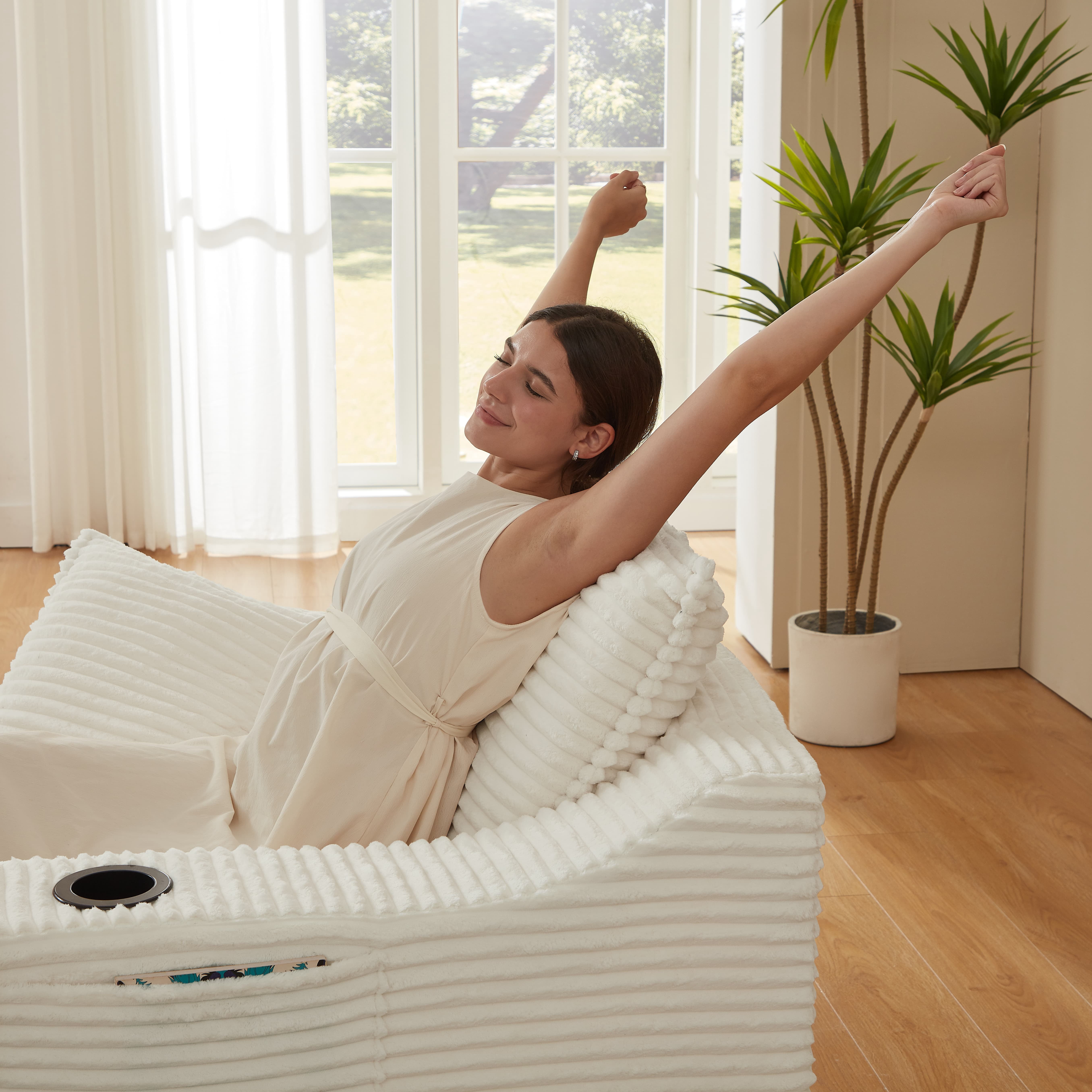 MAYEERTY White Corduroy Chaise Sofa, Oversized Comfortable Lounge for Living Room, 47×68×35"