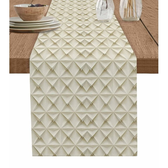 Beige Geometric Table Runner Cotton Linen 90 Inch Holiday Dresser Scarves, Simplistic Chic Rustic Hexagon Pattern Tablerunner for Kitchen Coffee Dining Bedroom Dinner Scarf Décor 13''x90''