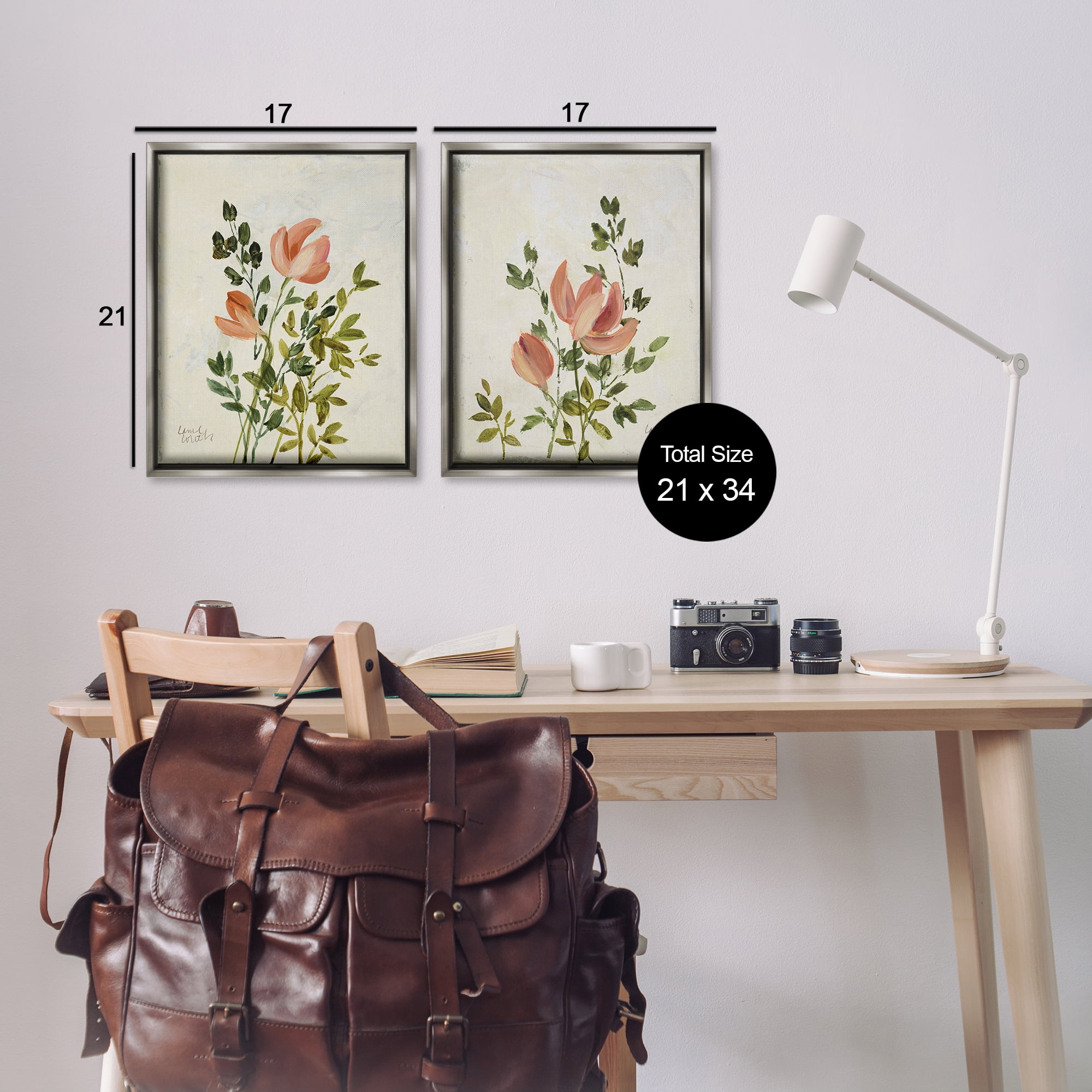 Stupell Industries Vintage Leaves & Bloom Floral & Botanical Painting Gray Floater Framed Canvas Art Print Wall Art, 17 x 21, Set of 2