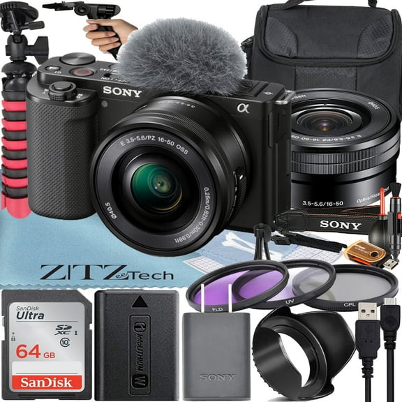 Sony Alpha ZV-E10 Mirrorless Vlog Camera with 16-50mm Lens   64GB Memory Card   Filter Kit   Tripod   Case   ZeeTech Accessory Bundle (Black)