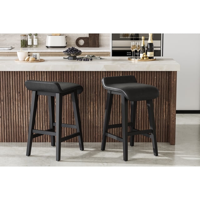 Modern Farmhouse Counter Height Bar Stools Set – Sturdy Wood Frame, Wide Backless PU Leather Seat, Sturdy, Water Resistant for Kitchen Island, Dining, Patio – Black, Set of 2