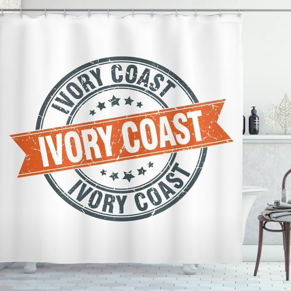 Ivory Coast Shower Curtain, Round Shape Stamp Like Design with Stars and Typography, Fabric Bathroom Set with Hooks, 69W X 75L Inches Long, Orange Slate Blue, by Ambesonne