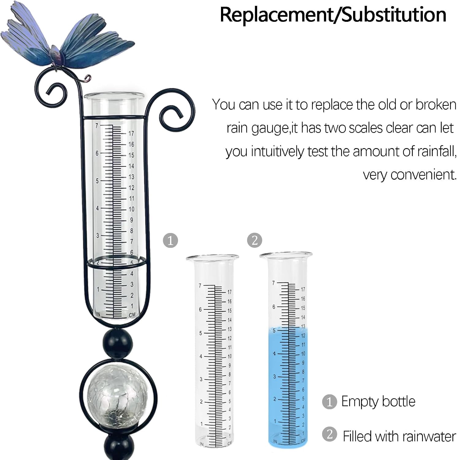 RGHJAR-rain Gauge Tube 7-Inch Scale rain gauges Replacement Tube Glass rain gauges Outdoors Easy-to-Read Scale rain Gauge Outdoor Yard（Pack of 2）
