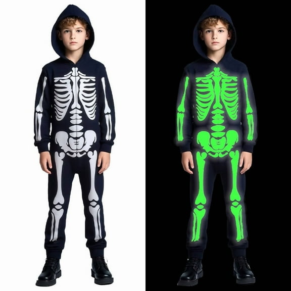 Kids Glow-in-the-Dark Skeleton Bodysuit, Holiday Party Bodysuit for Kids Ages 3-14