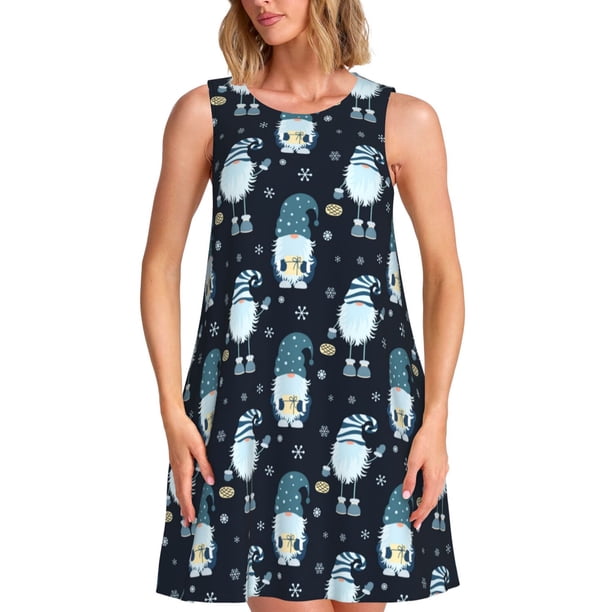 Balery Christmas Gnome blue Vestidos de verano para mujer con estampado: vestido holgado sin mangas, vestido playero informal y cómodo para días calurosos.