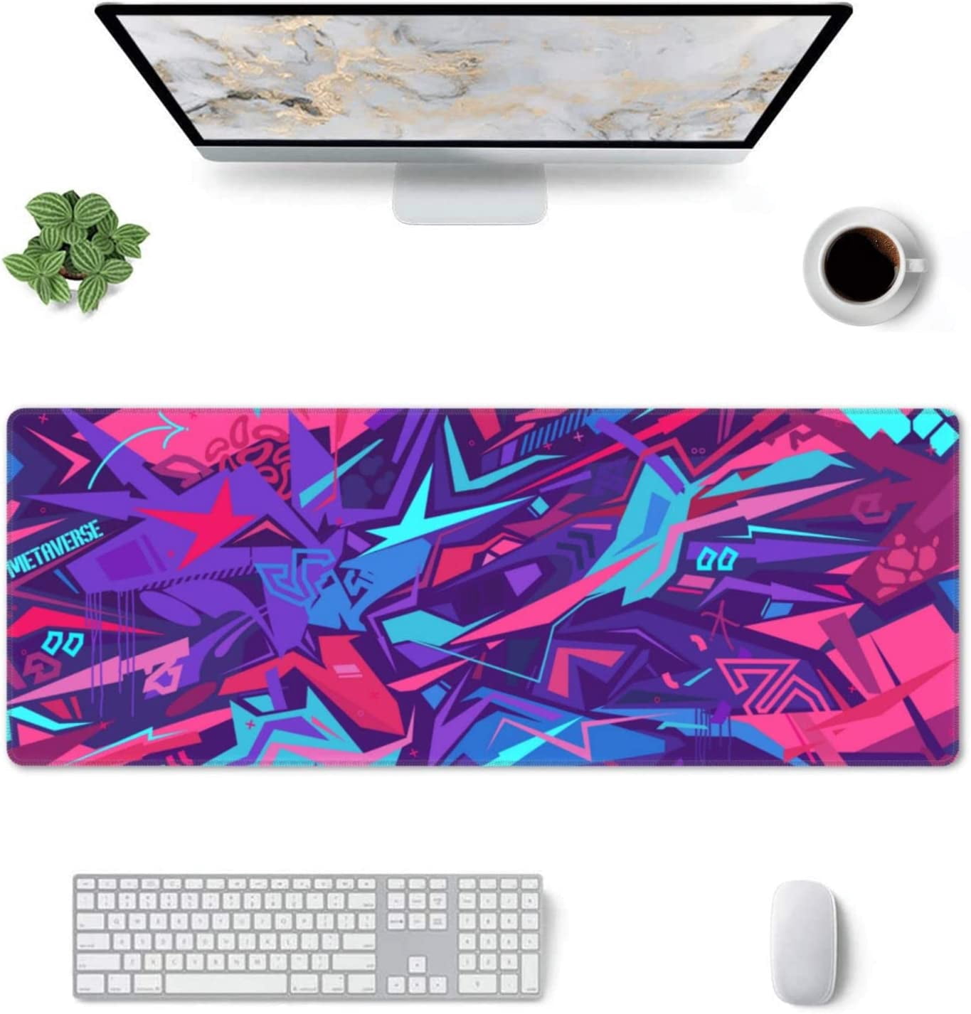 XL Large Gaming Mouse Pad with Stitched Edges, Metaverse Cyber Graffiti Extended Mousepad with Non-Slip, Long Waterproof Keyboard Pad Mouse Mat for Computer Laptop for Gamer Office Decor, 31.5*11.8 In