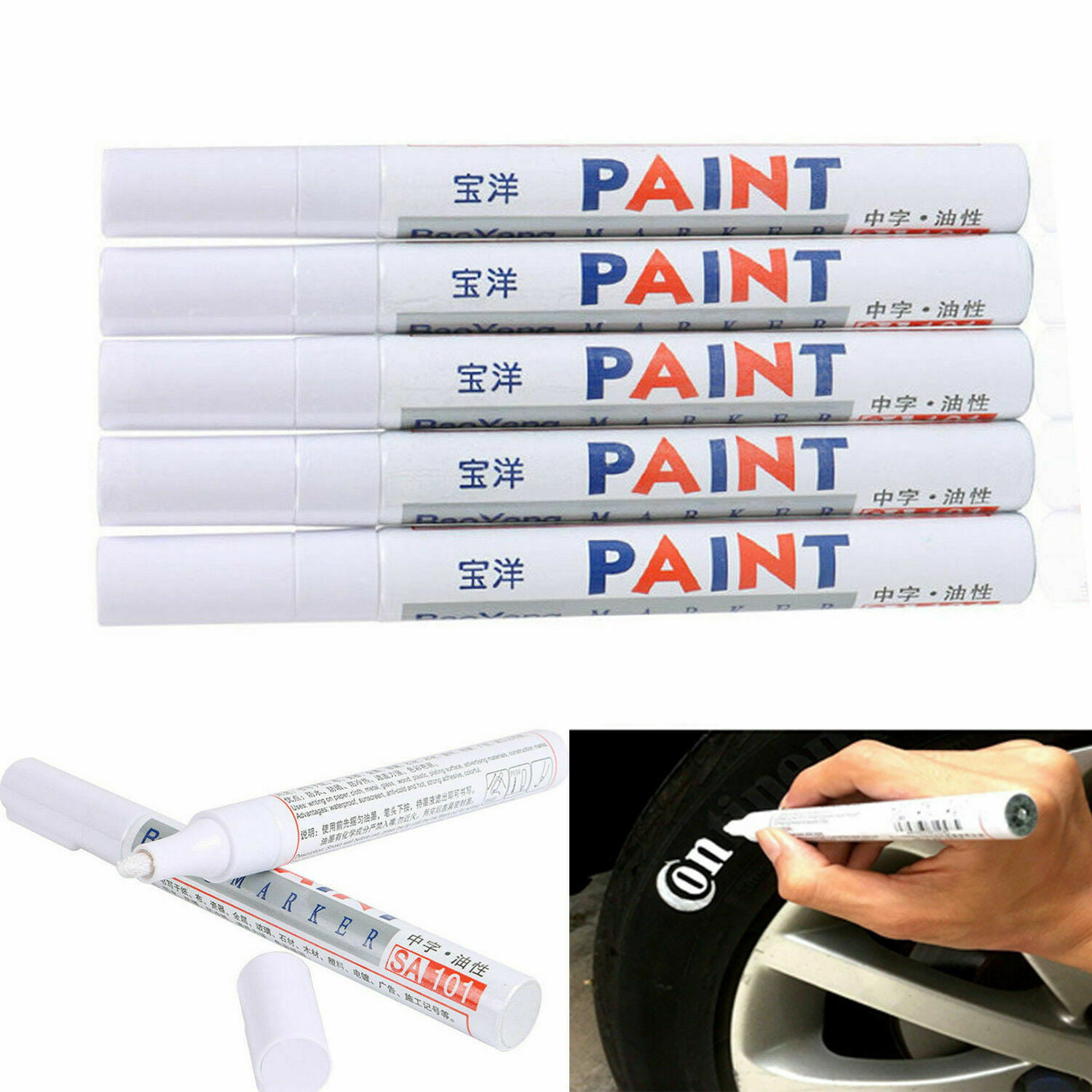 5PC WHITE Paint Markers Pen Lettering Rubber White Wall Side Oil Tire Permanent 