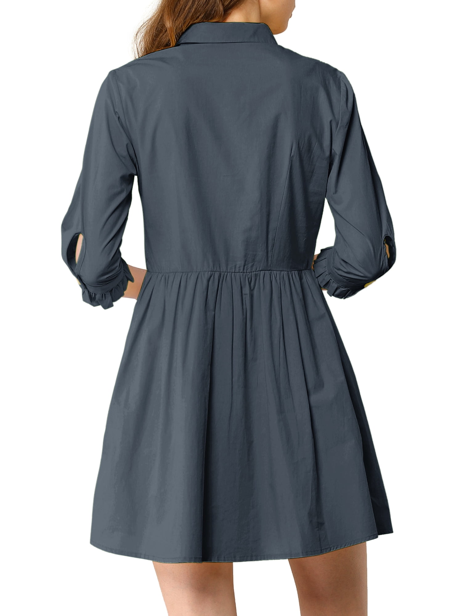 DARING DIVA Elegant Collar Flare 3/4 Sleeve Button Mini Shirt Dress L Dark Blue