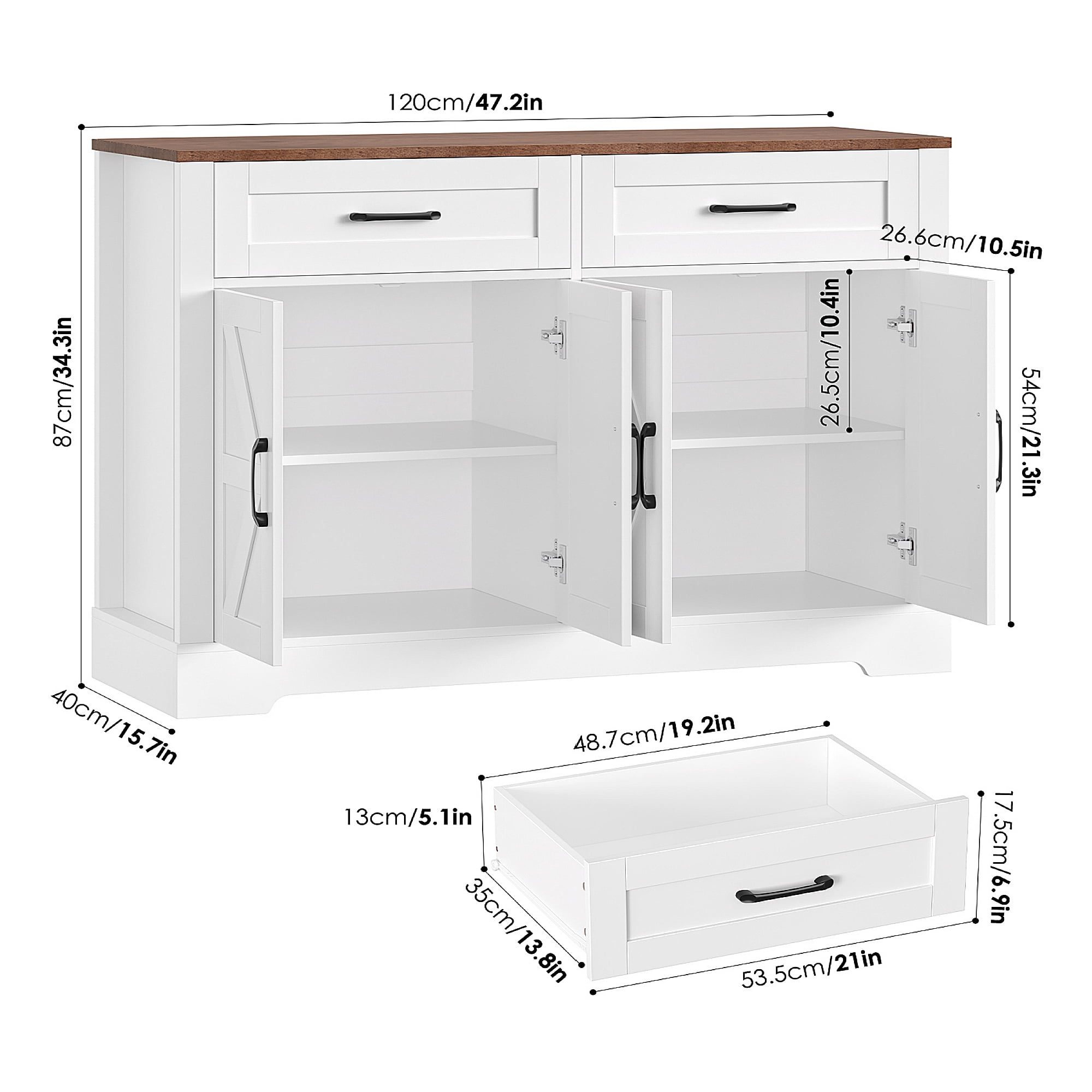 Homfa Buffet Cabinet with 2 Drawers and 4 Doors, Kitchen Sideboard Storage Cabinet, Farmhouse Coffee Bar Cabinet for Dining Room, White & Brown