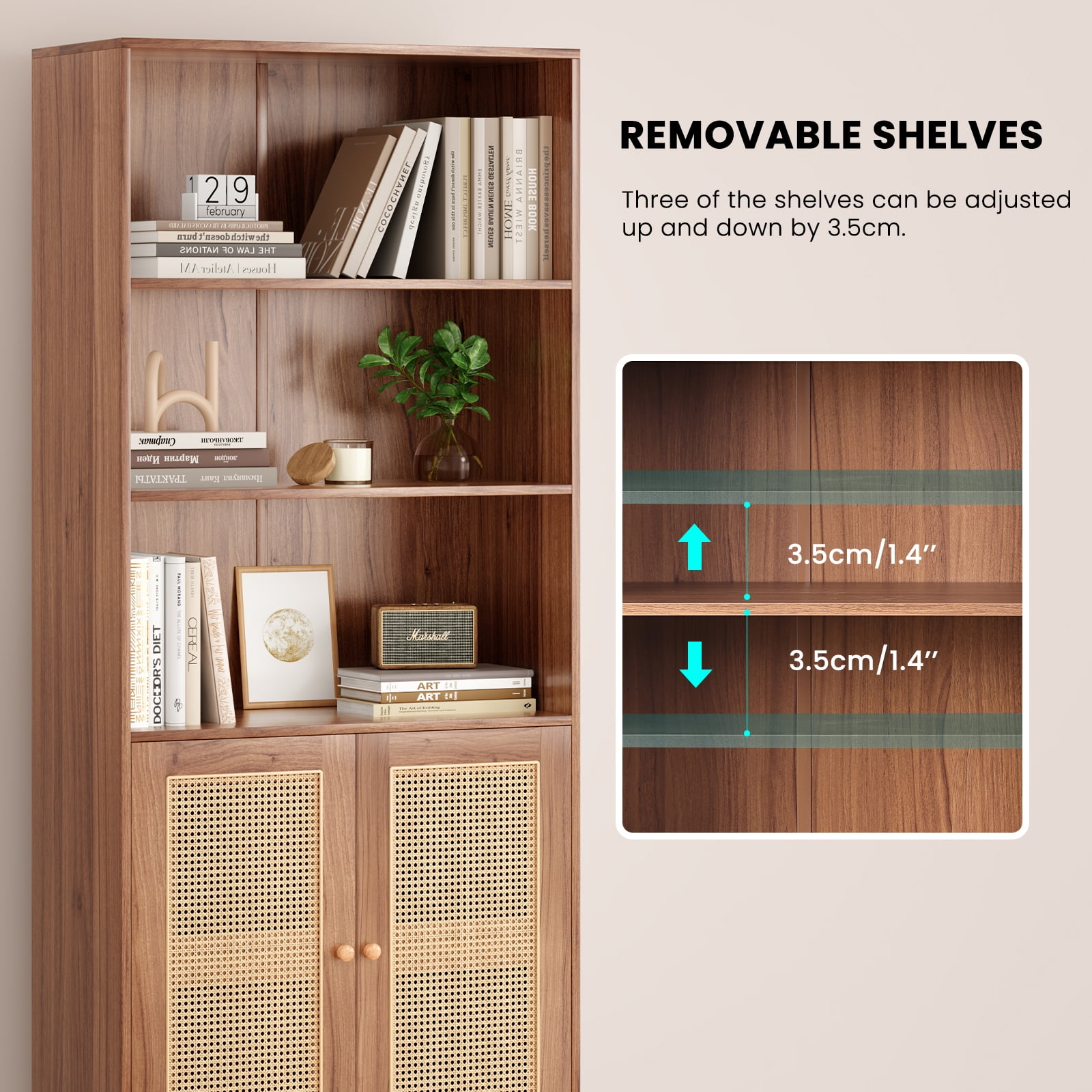 Aukfa Tall Storage Cabinet with Rattan Doors, 5-Tier Wooden Bookcase, Farmhouse Multi-Purpose Cabinet for Living Room,Walnut