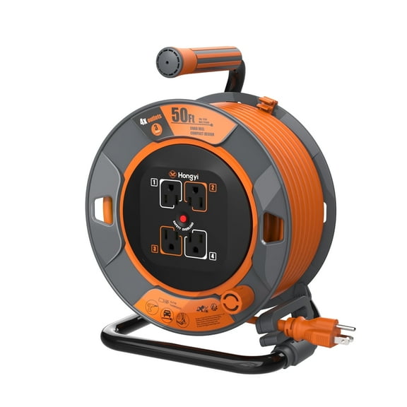 Hongyi 50ft Heavy Duty Extension Cord Reel with 4-Outlet, Outdoor, 14AWG/3C, SJTW Cable, Orange