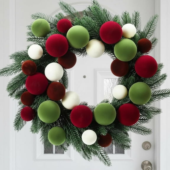 Guvpev 18" Christmas Wreath for Front Door - Artificial Norfolk Pine Christmas Wreath with Velvet Red, Green & White Ball for Indoor Outdoor Holiday Hanging Decorative, Christmas Decorations