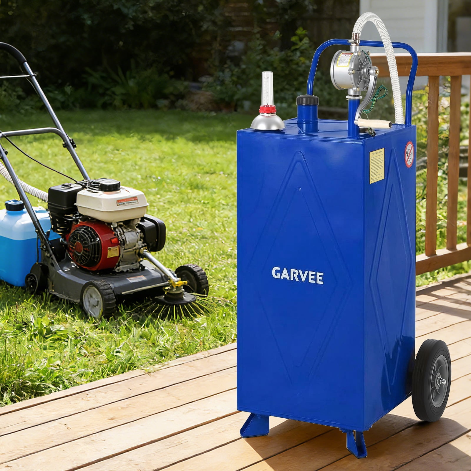Garvee 35 Gallon Fuel Gas Caddy Storage Tank,Portable Fuel Transfer Tank with Smooth-Rolling Wheels, Manual Hand Crank Transfer Pump,Blue