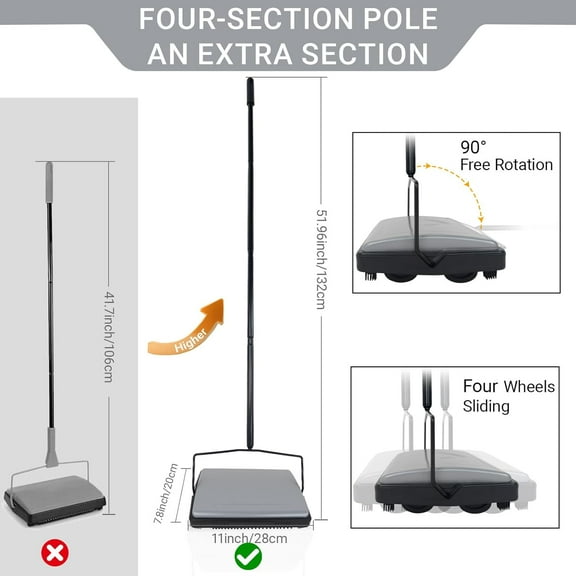 Quiet Carpet Sweeper with Pig-Bristles, Strong Roller Brush for Carpet & Hard Floors, Lightweight & Easy to Use