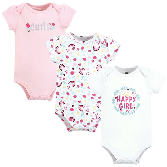 Hudson Baby Infant Girl Cotton Bodysuits, Happy Girl Wreath, 0-3 Months
