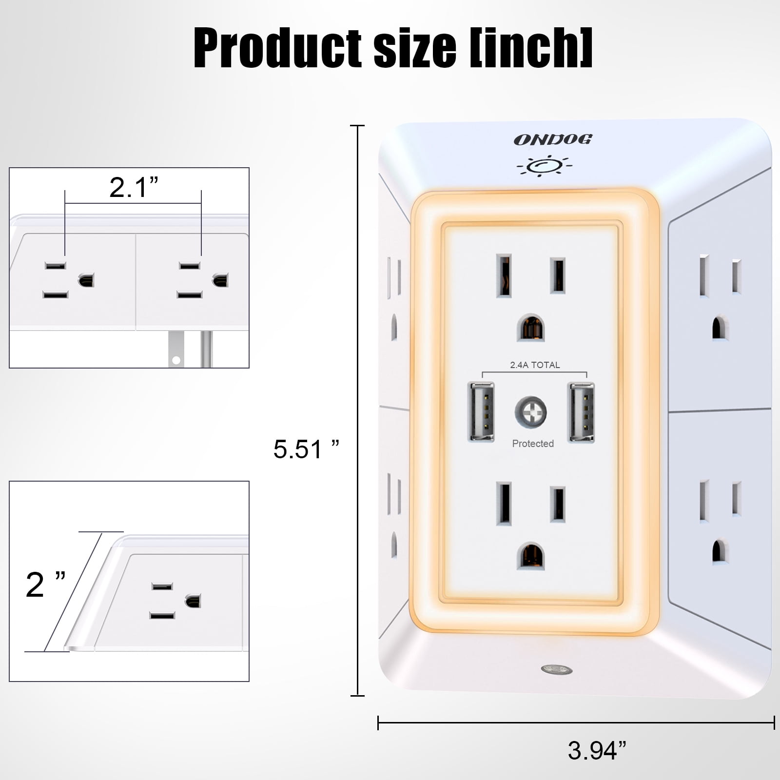 ONDOG 3 Sided Outlet Extender 6 Outlets with 2 USB Ports, Multi Plug Outlet Splitter for Home, Office