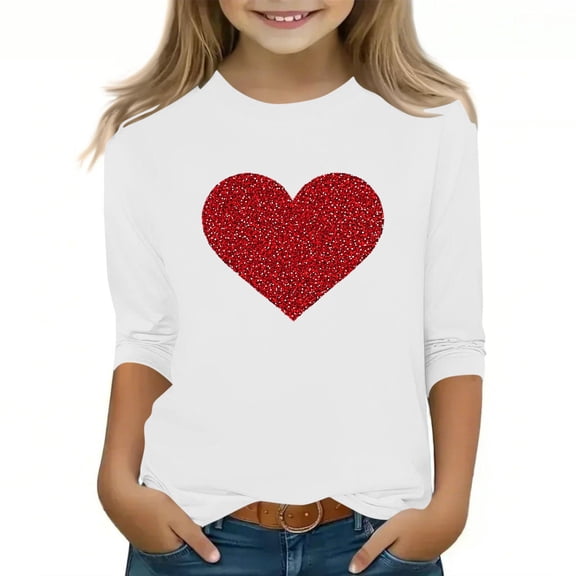 Bpmpbo Big Girls' 3/4 Sleeve Heart Print Round Neck T-Shirt Cute Stylish Holiday Pullover Top Loose Fit Casual Tee