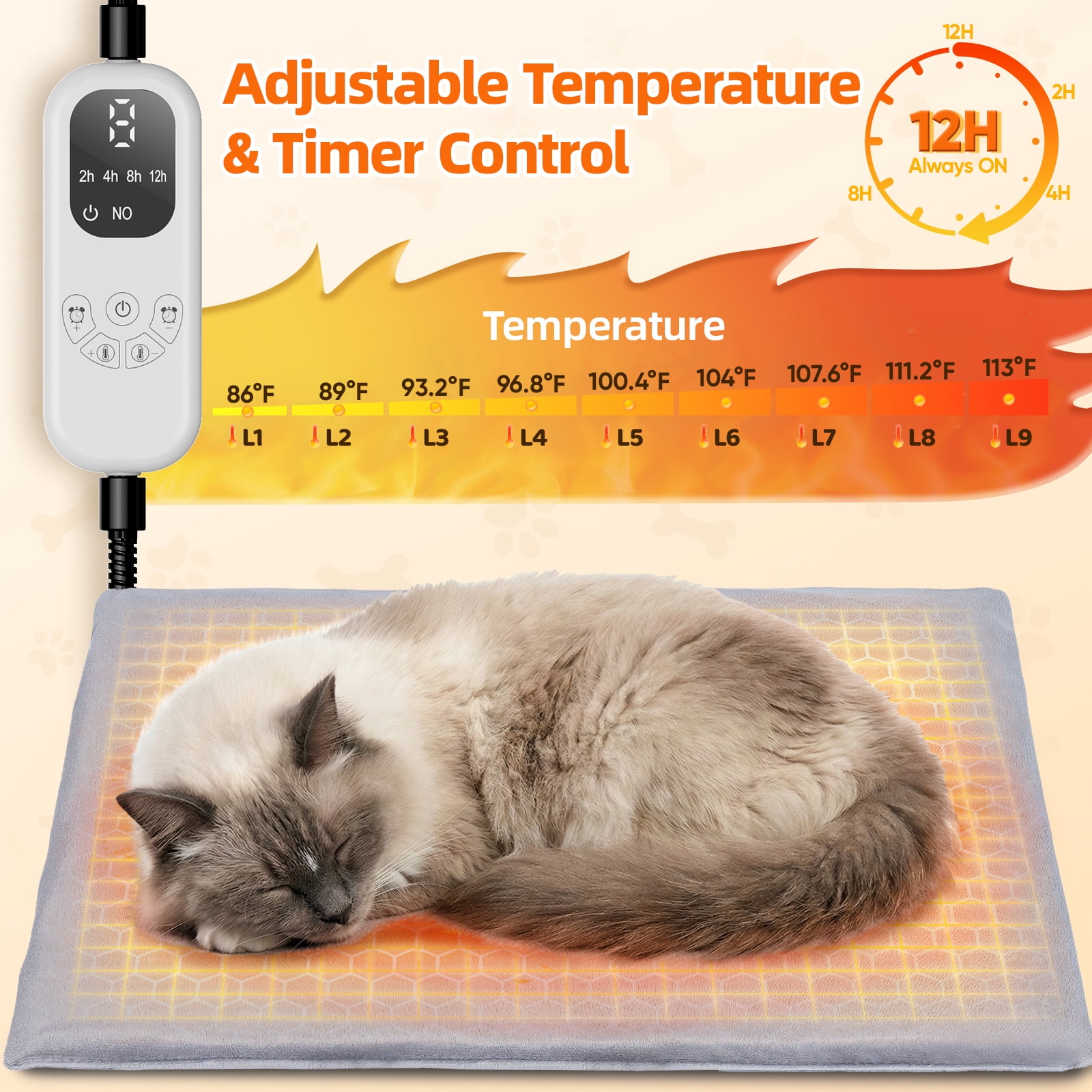 Pet Heating Pad for Cats Heated Cat Bed with Steel-Wrapped Cord and Soft Fleece Cover, 19.5 x 15.6 Inches Gifts for Cats Puppy in Winter