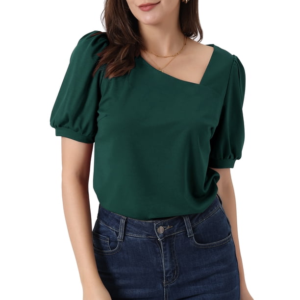INSPIRE CHIC Women's Asymmetrical V Neck Loose Fit Casual Puff Short Sleeve Blouse XS Verde oscuro