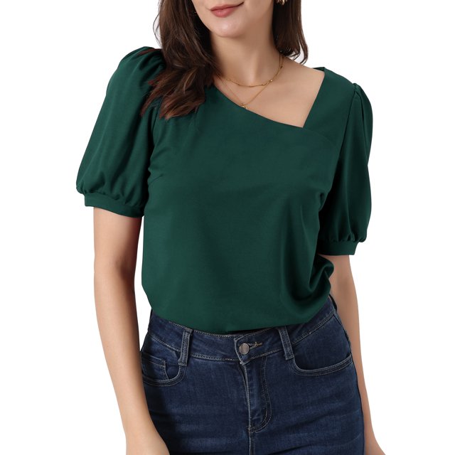 INSPIRE CHIC Women's Asymmetrical V Neck Loose Fit Casual Puff Short Sleeve Blouse XS Verde oscuro