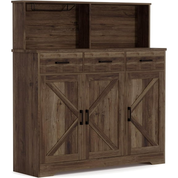 Yesurprise Farmhouse Sideboard Buffet Cabinet with Microwave Stand, Barn Doors Buffet Storage Cabinet with Drawers and Shelves Wood Coffee Bar Pantry for Kitchen, Dining Room,Living Room Brown