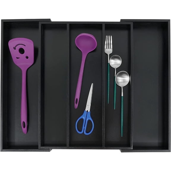 Utoplike Bamboo Expandable Kitchen Drawer Organizer, Adjustable Black Utensil Holder and Cutlery Tray Organiser, Drawer Divider for Silverware, Flatware, Knives in Kitchen, Bedroom, Living Room