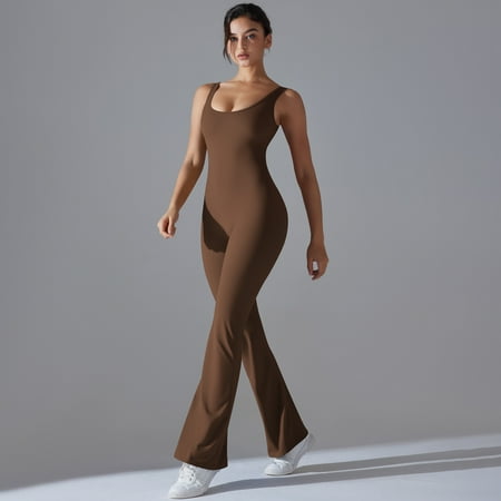 Women Bodysuits Sports Shapewear Yoga Suit Sports Set Backless Workout Jumpsuit Yoga Set Romper Backless Set Fitness Bodysuit (Brown M)