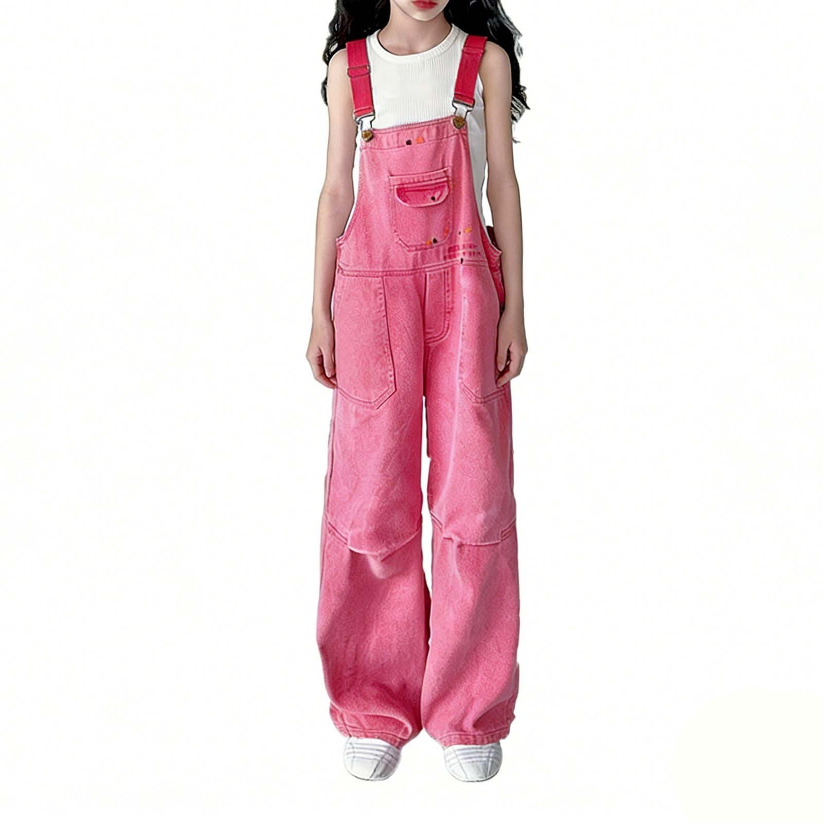 UACY Teen Girls Y2K Denim Overalls Adjustable Strap Aesthetic Preppy Jeans Jumpsuit Fashion School Uniform Bib Overall (Hot Pink, 13-14 Years)