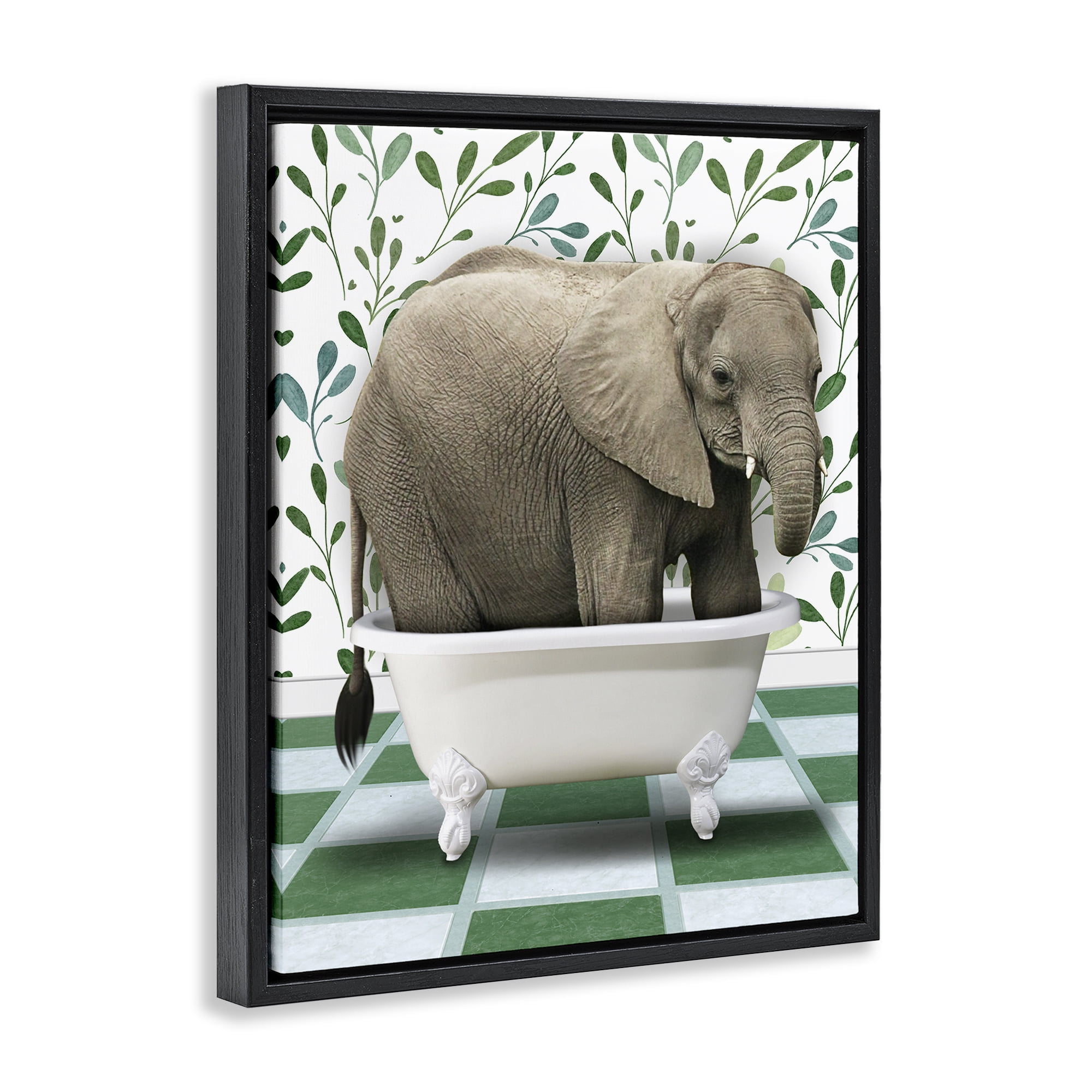 Stupell Industries Bathing Elephant on Green Bath & Laundry Painting Black Floater Framed Canvas Art Print Wall Art, 17 x 21