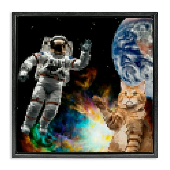 Stupell Industries Pixel Cat in Space Novelty & Humor Painting Black Floater Framed Canvas Art Print Wall Art, 18 x 18