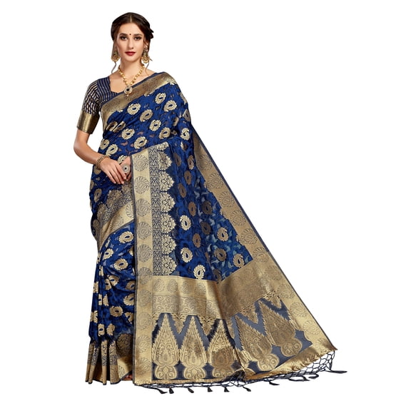 Sarees for Women Banarasi Art Silk l Tradional Indian Wedding Diwali Gift Sari with Unstitched Blouse Blue