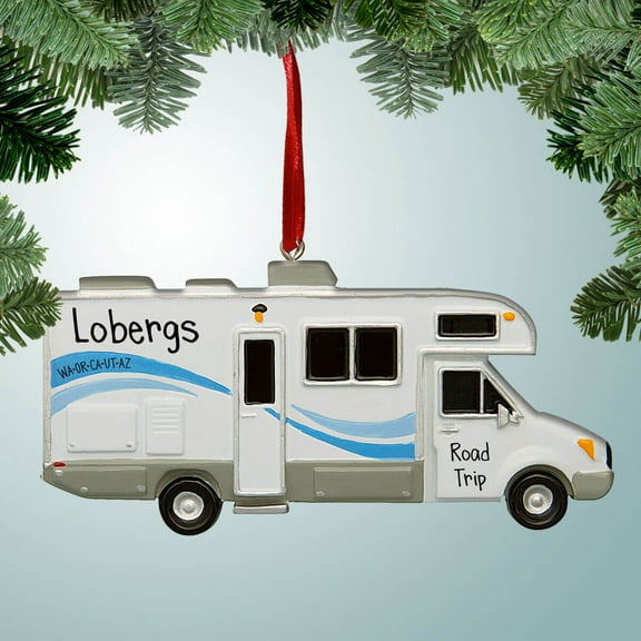 Personalized Camper with Blue Wave Christmas Ornament - Camping - RV - Motorhome - Summer Vacation - Outdoors - Trailers