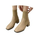 thumbnail image 4 of Aihuaihua Women Ankle Boots Sock Booties Slip On Ankle Boots Chunky Block Heel Square Toe Splicing Dress Sock Booties Black/Brown/Khaki Boots for Women, 4 of 8