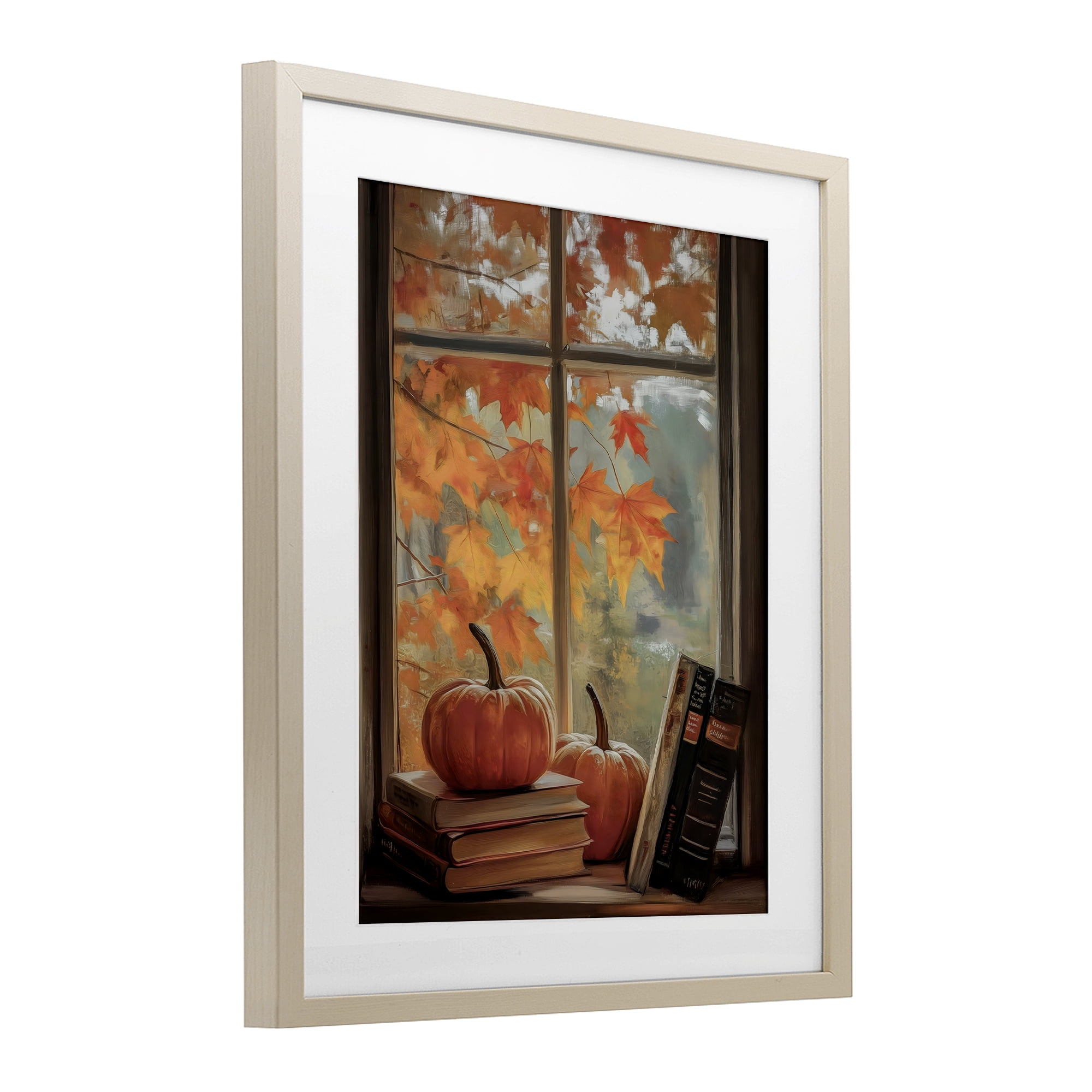 Cozy Fall Window Books Birch Framed Print Under Glass, design by Arlington Prints