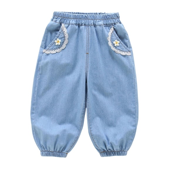 Shadoumai Girls Summer Denim Pants Soft Casual Long Trousers for Toddler Baby Children Lightweight Breathable Everyday Wear