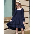 thumbnail image 4 of Arshiner Girls Dresses Puff Long Sleeve Fall Winter Smocked High Low Swing Midi Dress with Pockets, 4 of 5