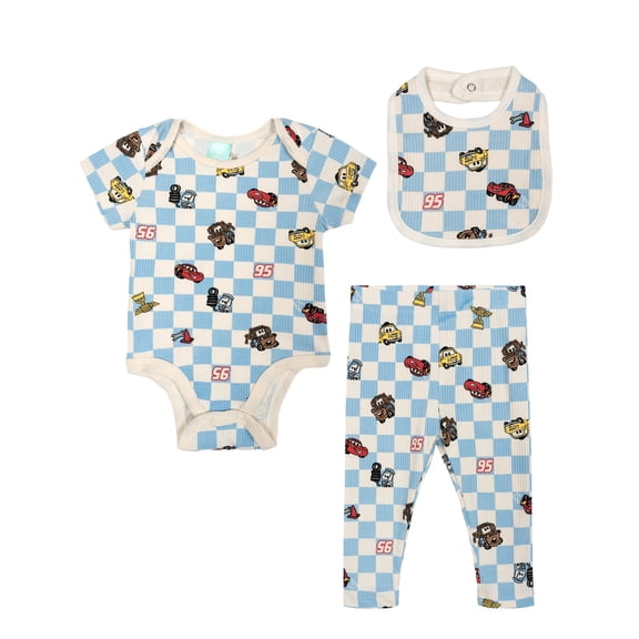 Disney Cars Baby Boys' Bodysuit Pants and Bib Set McQueen Mater Blue
