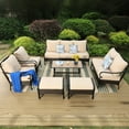 thumbnail image 3 of Summit Living 9-Seat Outdoor Patio Conversation set with 3-Seat Sofa, Love-seat Sofa, 2 Club Chairs,2 Ottomans & Wood-look Coffee Table, Black Steel Frame & Beige Cushion, 3 of 19